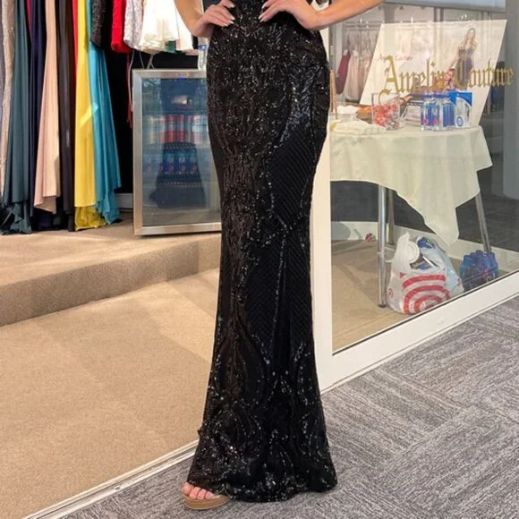 NEW BLACK Spaghetti Strap Sequined Mermaid EVENING FORMAL WEDDING Dress AC791 - Picture 2 of 9